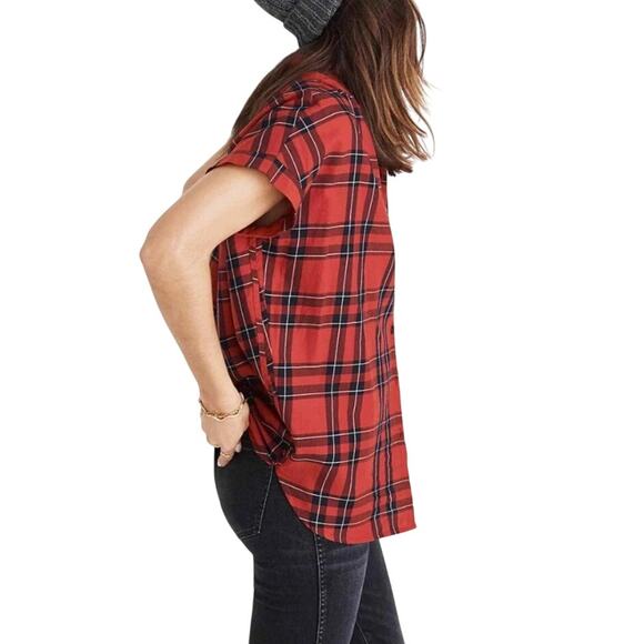 Madewell Shirt Red Plaid Central Short Sleeve in Dahl H7777 Cap Sleeve Small - Picture 3 of 4